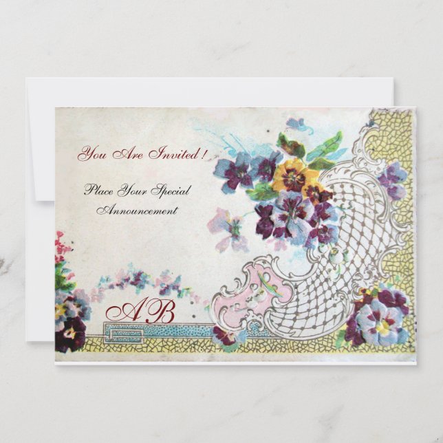 Invitation ROMANTICA Floral Bleu rose Blanc Mariage Pansies (Devant)