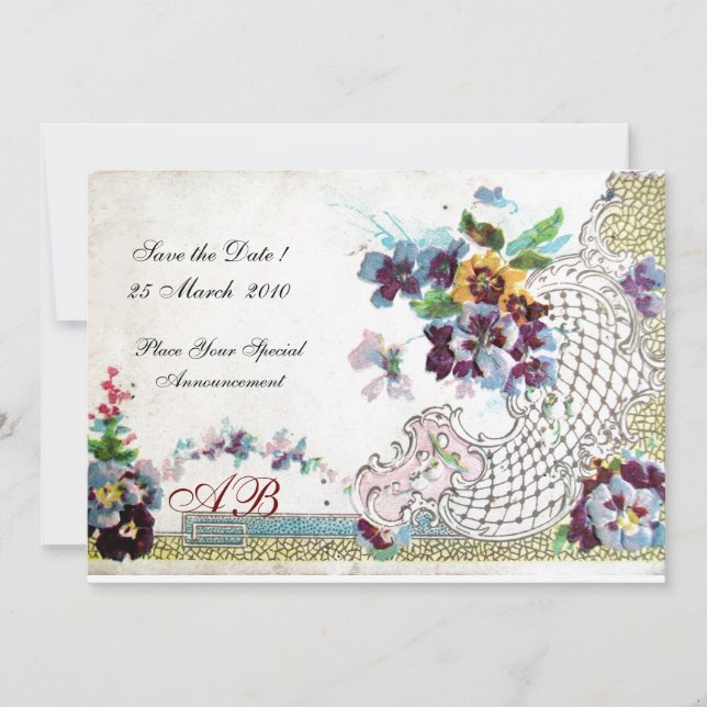 Invitation ROMANTICA Floral Bleu Rose Blanc Mariage Pensées (Devant)