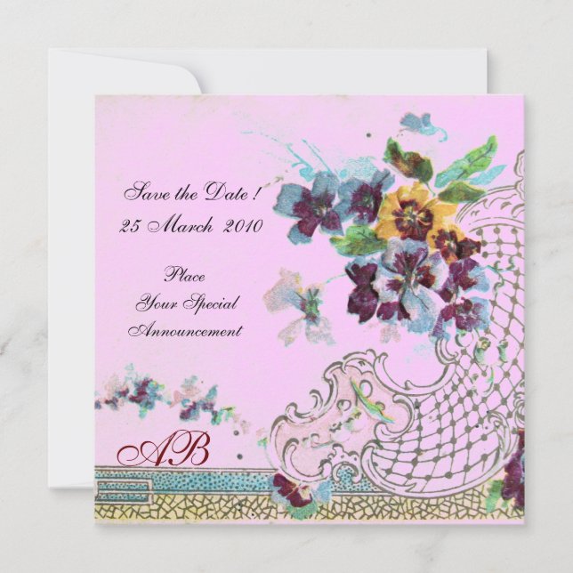 Invitation ROMANTICA Floral Bleu Rose Lilas Mariage Pensées (Devant)