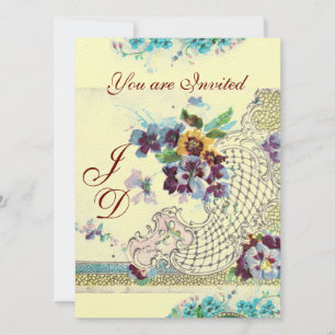 Invitation ROMANTICA Floral Blue Crème rose Mariage Pansies