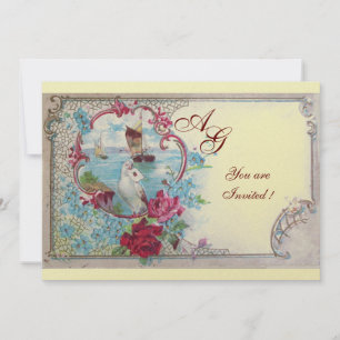 Invitation ROMANTICA MONOGRAM, champagne blanc rose rouge