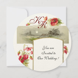 Invitation ROMANTİCA MONOGRAM / COQUELICOTS,rouge,vert,champa