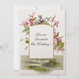 Invitation ROMANTİCA MONOGRAM /CYCLAMENS, champagne vert rose