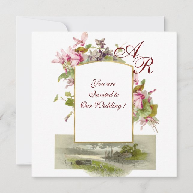 Invitation ROMANTİCA MONOGRAM /CYCLAMENS, vert rose blanc (Devant)