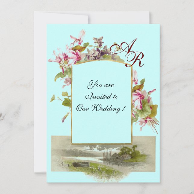 Invitation ROMANTİCA MONOGRAM / CYCLAMENS, vert rose bleu (Devant)