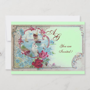 Invitation ROMANTICA  MONOGRAM, rouge blanc bleu rose vert