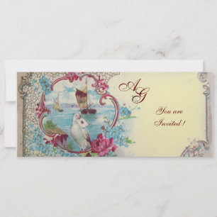 Invitation ROMANTICA MONOGRAM, rouge bleu rose blanc champag
