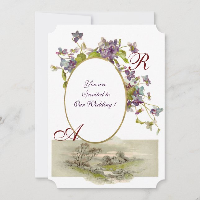 Invitation ROMANTİCA MONOGRAM / VIOLETS, vert violet, blanc (Devant)