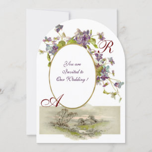 Invitation ROMANTİCA MONOGRAM /VIOLETS, vert violet blanc
