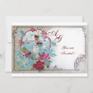 Invitation ROMANTICA  MONOGRAMME, rouge blanc bleu rose