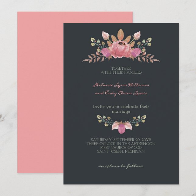 Invitation Romantique Acier clair Fleurs Bleues Mariage de la (Devant / Derrière)