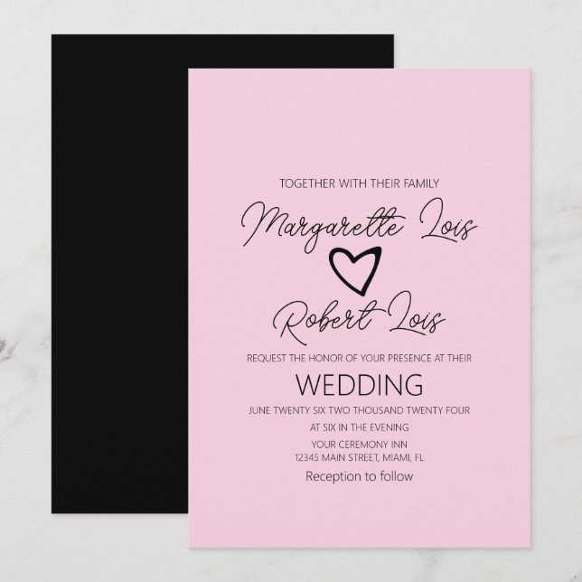 Invitation Romantique amour coeur rose noir (Devant / Derrière)