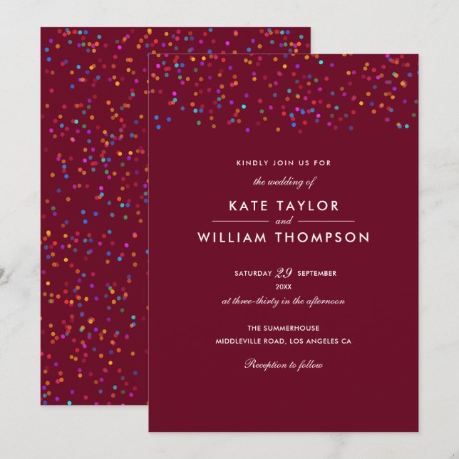 Invitation Romantique arc-en-ciel Confetti Mariage Bourgogne (Devant / Derrière)