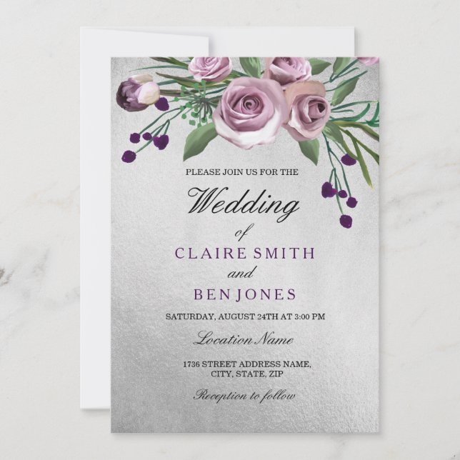 Invitation Romantique Argent violet Rose Floral Mariage Invit (Devant)