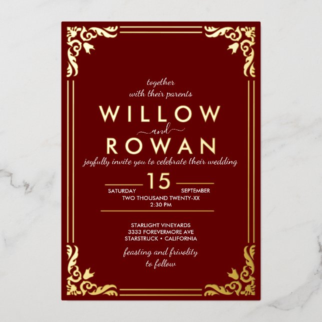 Invitation romantique Art Déco avec feuille d'or e (Recto)