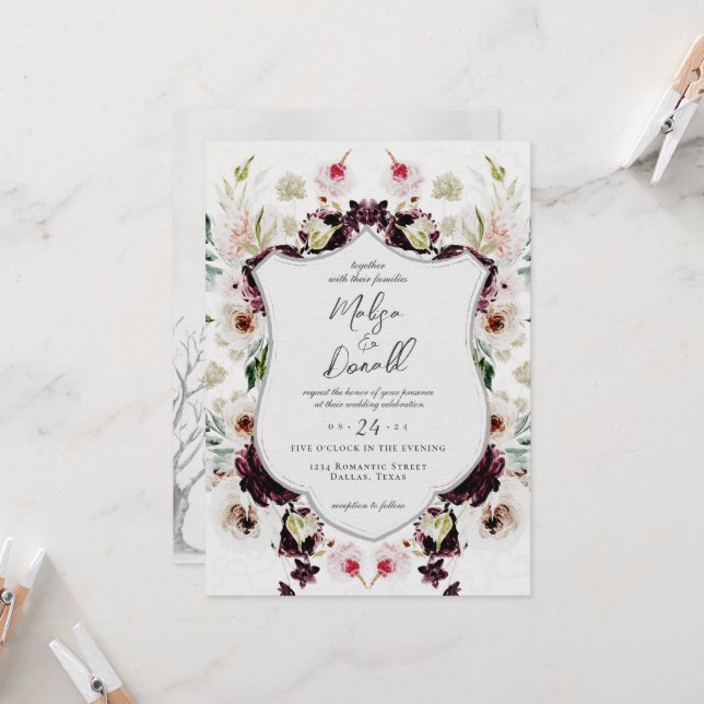 Invitation Romantique Automne Bois Floral Crest Mariage (Devant/Arrière en situation)