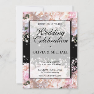 Invitation Romantique blanc & noir dentelle hydrangeas roses 