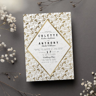 Invitation Romantique blanc or floral luxe mariage