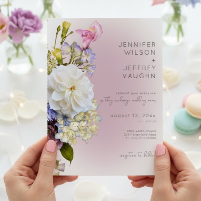 Invitation Romantique Blanc & Violet Floral Mariage moderne (Romantic White & Pink Floral Modern Wedding Invitation)