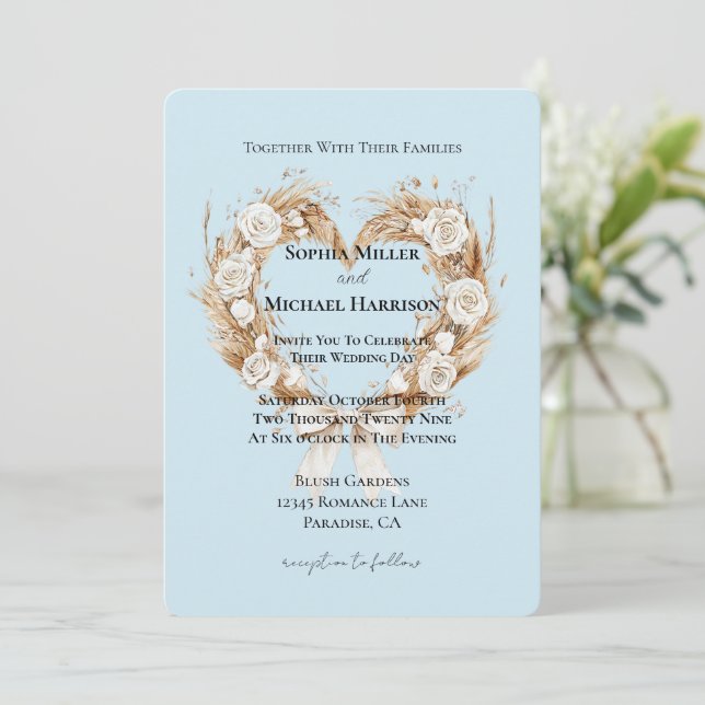 Invitation Romantique Bleu Blanc Floral Mariage Coeur (Debout devant)