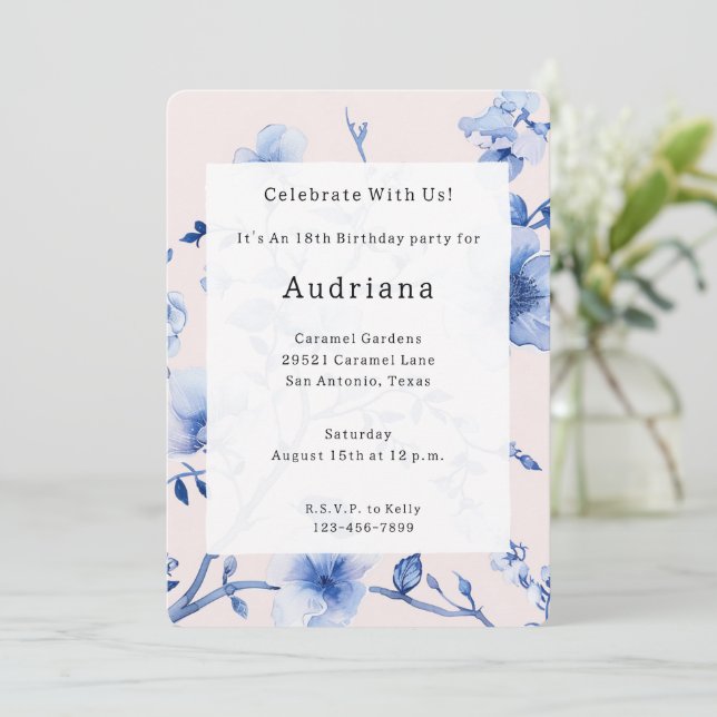 Invitation Romantique Bleu Bleu Floral Anniversaire (Debout devant)