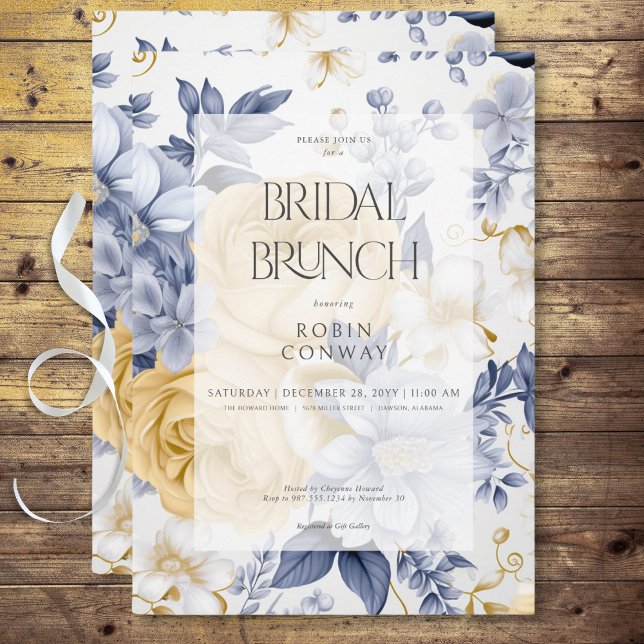 Invitation Romantique Bleu Jaune & Blanc Floral Bridal Brunch (Romantic Yellow Blue & White Floral Bridal Brunch Invitation)