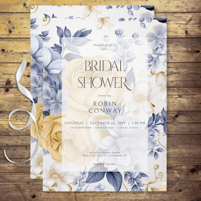 Invitation Romantique Bleu Jaune & Fête des mariées Florale B (Romantic Yellow Blue & White Floral Bridal Shower Invitation)