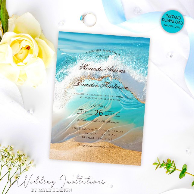 Invitation Romantique Bleu Océan Vagues Plage tropicale Maria (Créateur téléchargé)