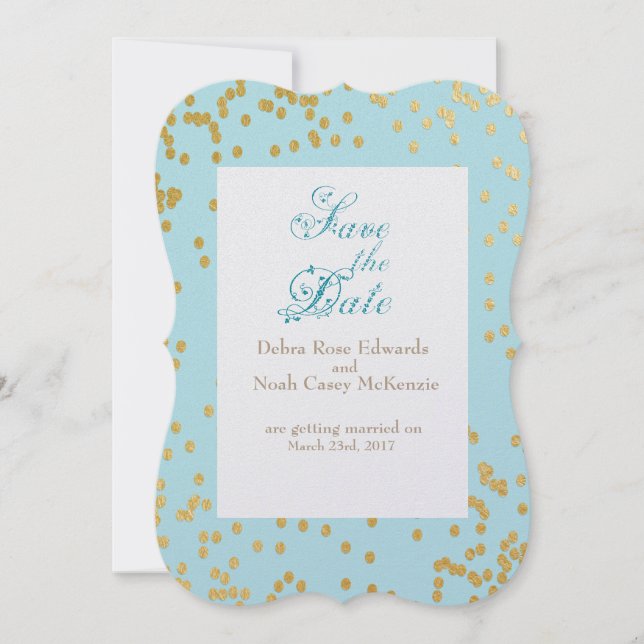 Invitation Romantique Bleu Or Confettis Save The Date (Devant)