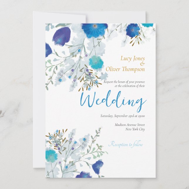 Invitation Romantique, Bleu & Or, Mariage floral (Devant)
