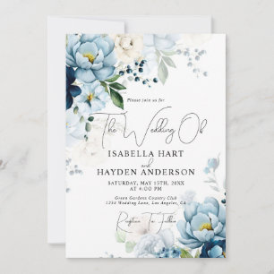 Invitation Romantique Blue Navy Floral Tout en 1 QR Code Mari