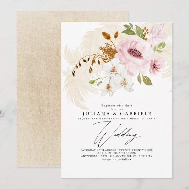 Invitation Romantique Blush Brown verdure Boho Floral Mariage (Devant / Derrière)