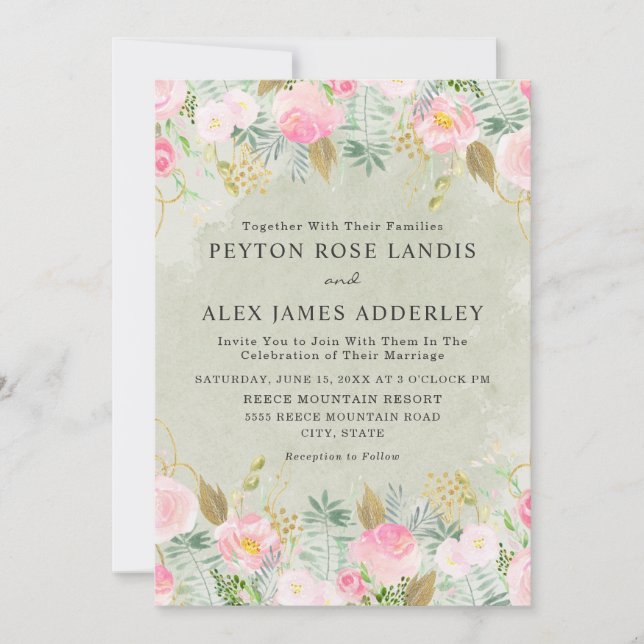 Invitation Romantique Blush rose Floral Vert Mariage or (Devant)
