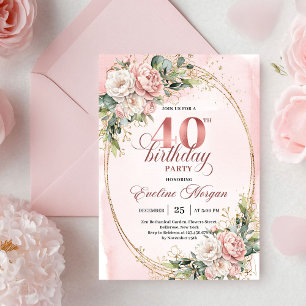 Invitation Romantique Bohème Blush Floral Or 40e Anniversaire