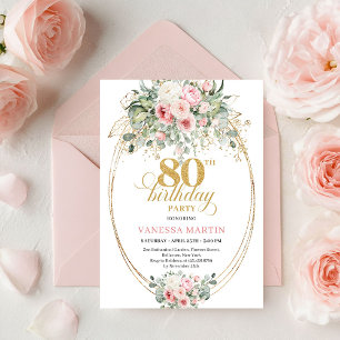 Invitation Romantique Bohème Rouge Floral Or 80e Anniversaire
