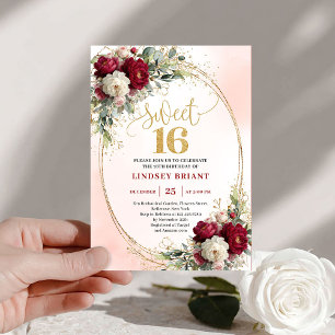 Invitation Romantique Boho Bourgogne Or Floral Sweet Seize An