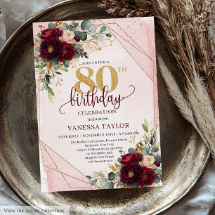 Invitation Romantique Boho Marsala Gold Flowers 80e anniversa
