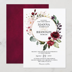 Invitation Romantique Bourgogne Blush Floral Mariage géométri
