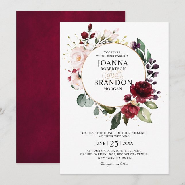 Invitation Romantique Bourgogne Blush Floral Mariage géométri (Devant / Derrière)