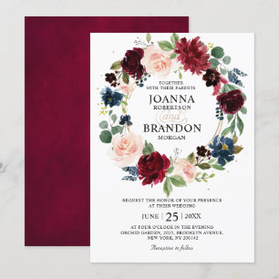 Invitation Romantique Bourgogne Blush Floral Mariage géométri