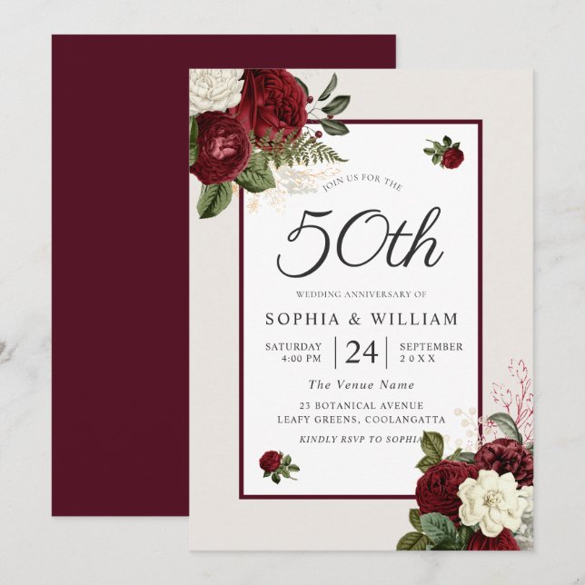 Invitation Romantique Bourgogne Floral 50e anniversaire Maria (Devant / Derrière)