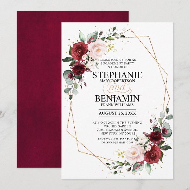 Invitation Romantique Bourgogne Floral Fiançailles géométriqu (Devant / Derrière)