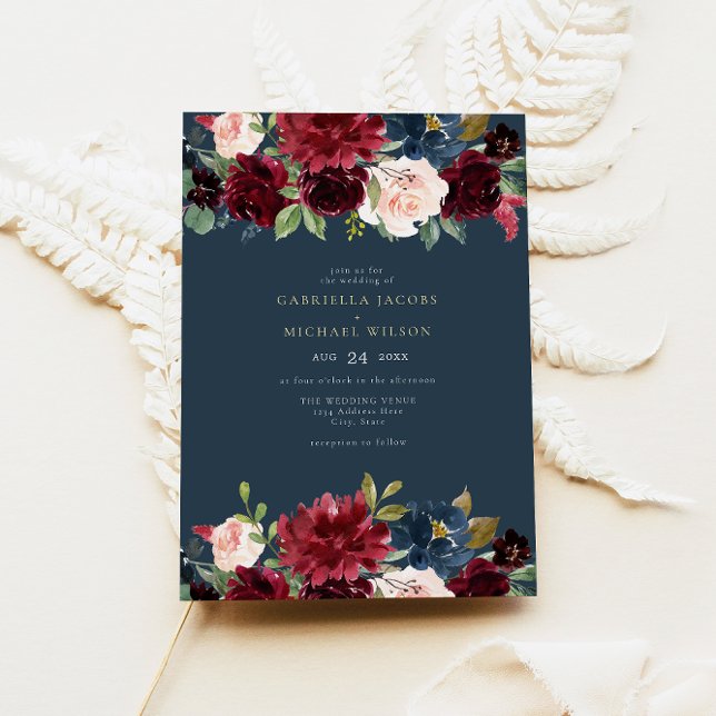 Invitation Romantique Bourgogne Marine Blush Floral Garden Ma (Créateur téléchargé)