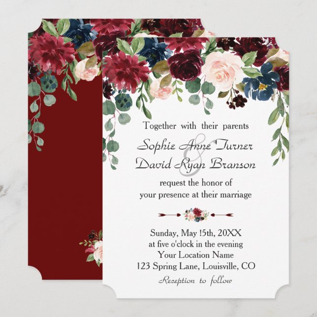 Invitation Romantique Bourgogne Marine Mariage floral bleu (Devant / Derrière)