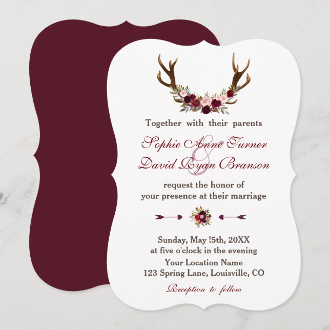Invitation Romantique Bourgogne Marsala Floral Antlers Mariag (Devant / Derrière)
