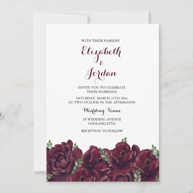 Invitation Romantique Bourgogne Rose Élégant mariage Invitati (Devant)