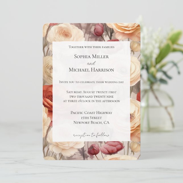 Invitation Romantique Bourgogne Rouge crème Mariage Floral (Debout devant)