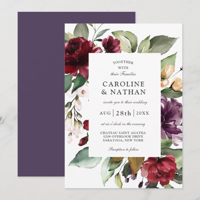 Invitation Romantique Bourgogne rouge et Mariage floral prune (Devant / Derrière)
