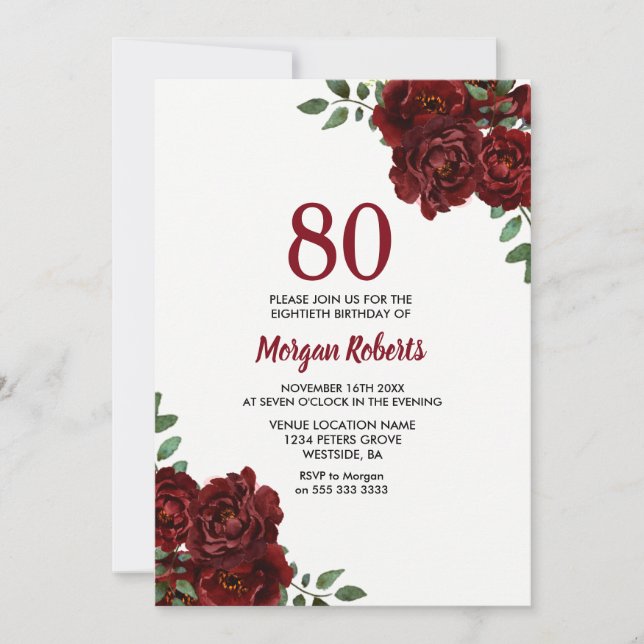 Invitation Romantique Bourgogne Rouge Rose 80e anniversaire I (Devant)