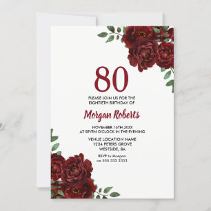 Invitation Romantique Bourgogne Rouge Rose 80e anniversaire I